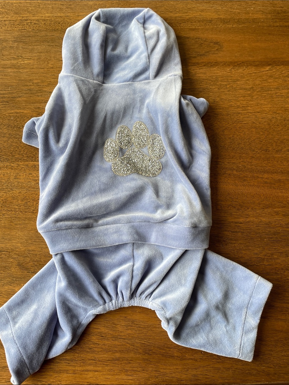 Isaac Mizrahi Light Blue Plush Hooded Pet Onesie with Sparkle Paw size:small